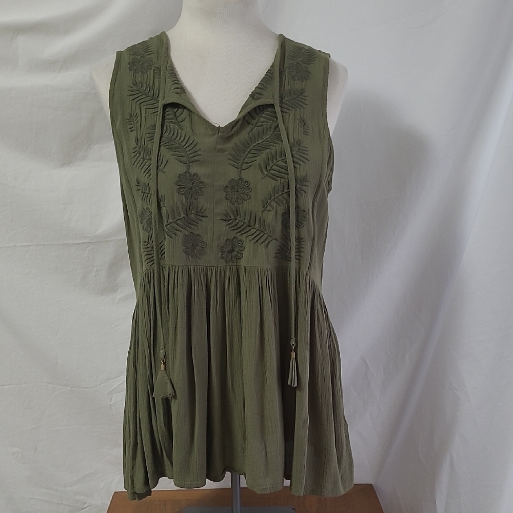 Olive Green Floral Sleeveless Top